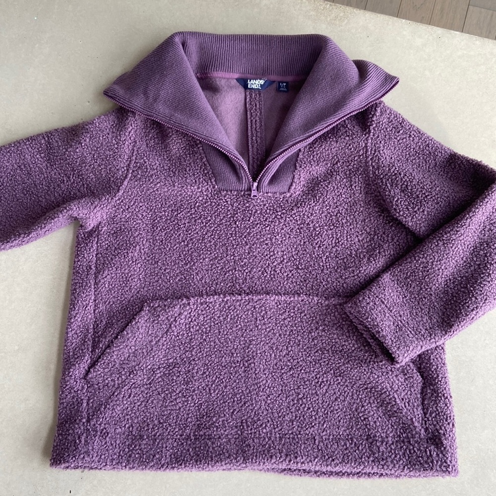 Land’s End Cozy Boucle Fleece Sweatshirt Mauve Large 14-16 Quarter Zip